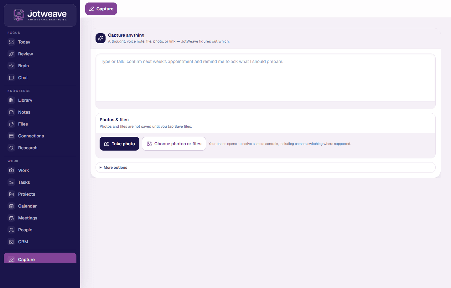 JotWeave capture workspace with a thought ready for review