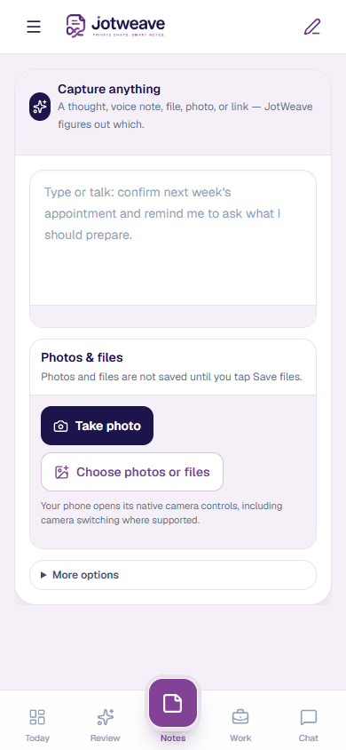 JotWeave capture workspace with a thought ready for review
