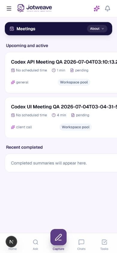 JotWeave mobile Meetings screen with upcoming, active, and completed sections