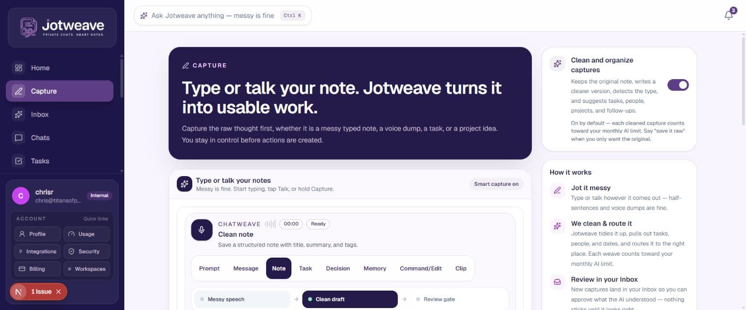 JotWeave Capture screen showing raw and cleaned note drafts with a review gate